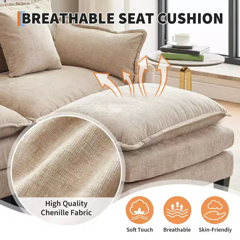 Canapé modulable en forme de U de 284 cm, canapé modulaire avec pouf mobile, canapé en chenille 3 places avec assise profonde, beige