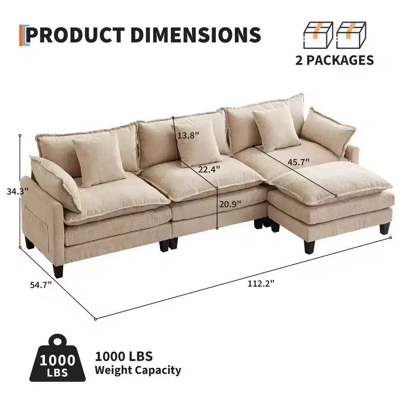 Canapé modulable en forme de U de 284 cm, canapé modulaire avec pouf mobile, canapé en chenille 3 places avec assise profonde, beige