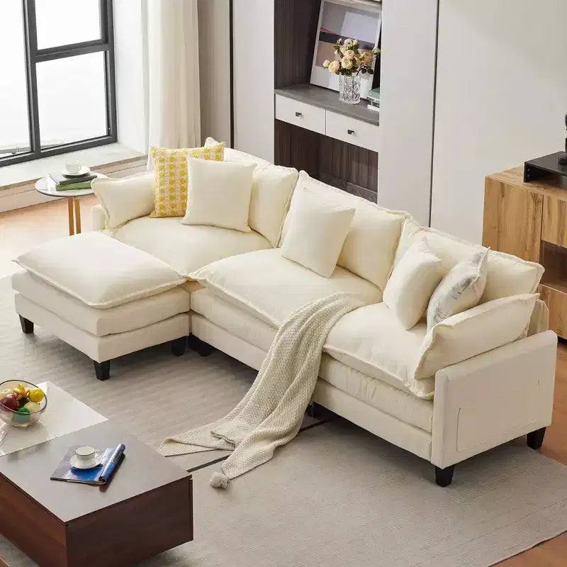 Canapé modulable en forme de U de 284 cm, canapé modulaire avec pouf mobile, canapé en chenille 3 places avec assise profonde, beige
