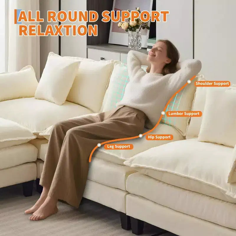 Canapé modulable en forme de U de 284 cm, canapé modulaire avec pouf mobile, canapé en chenille 3 places avec assise profonde, beige