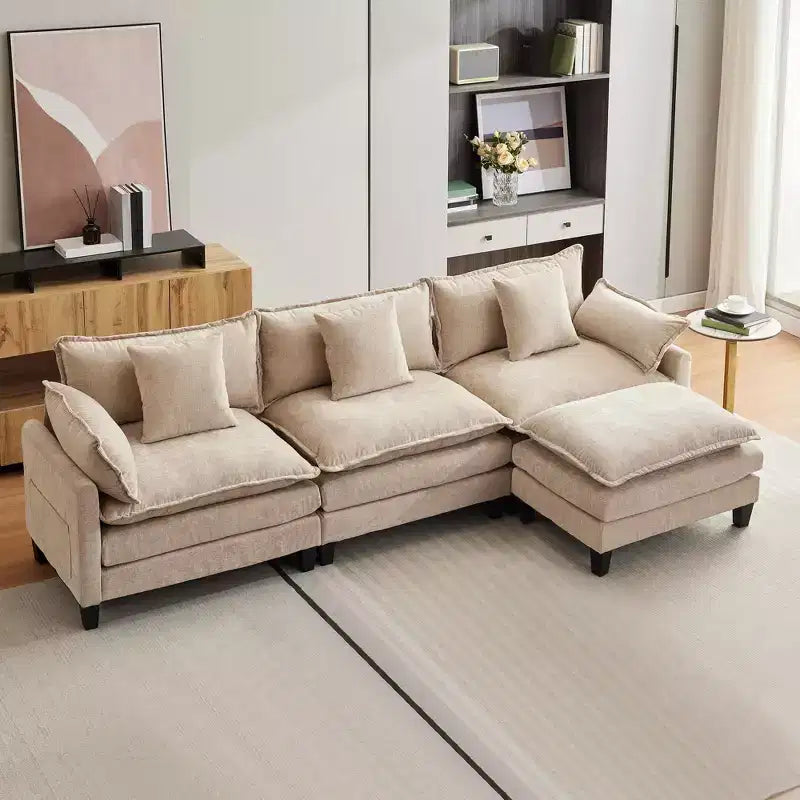 Canapé modulable en forme de U de 284 cm, canapé modulaire avec pouf mobile, canapé en chenille 3 places avec assise profonde, beige