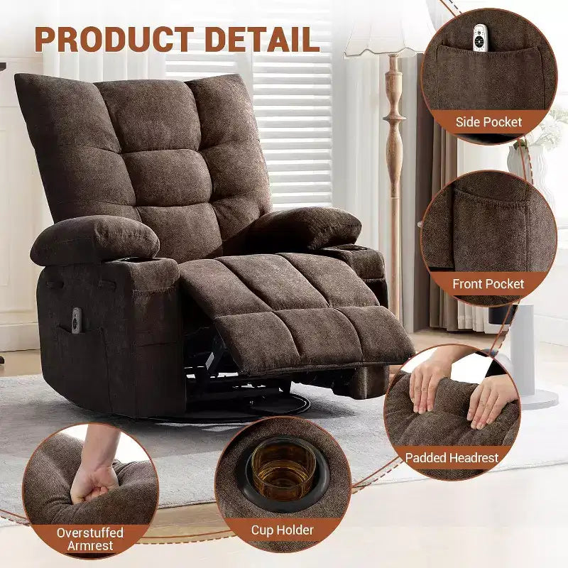 Fauteuil inclinable pivotant manuel Acekool avec massage et chauffage, fonction bascule, cuir PU épais et rembourré, coussin surdimensionné pour le soulagement du dos, pour salon