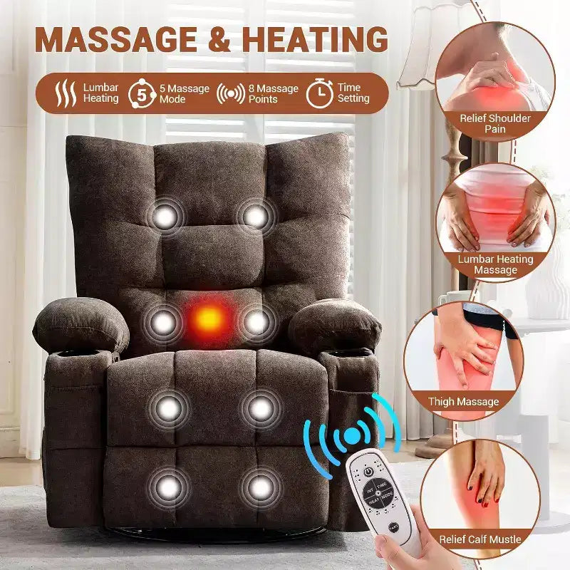 Fauteuil inclinable pivotant manuel Acekool avec massage et chauffage, fonction bascule, cuir PU épais et rembourré, coussin surdimensionné pour le soulagement du dos, pour salon