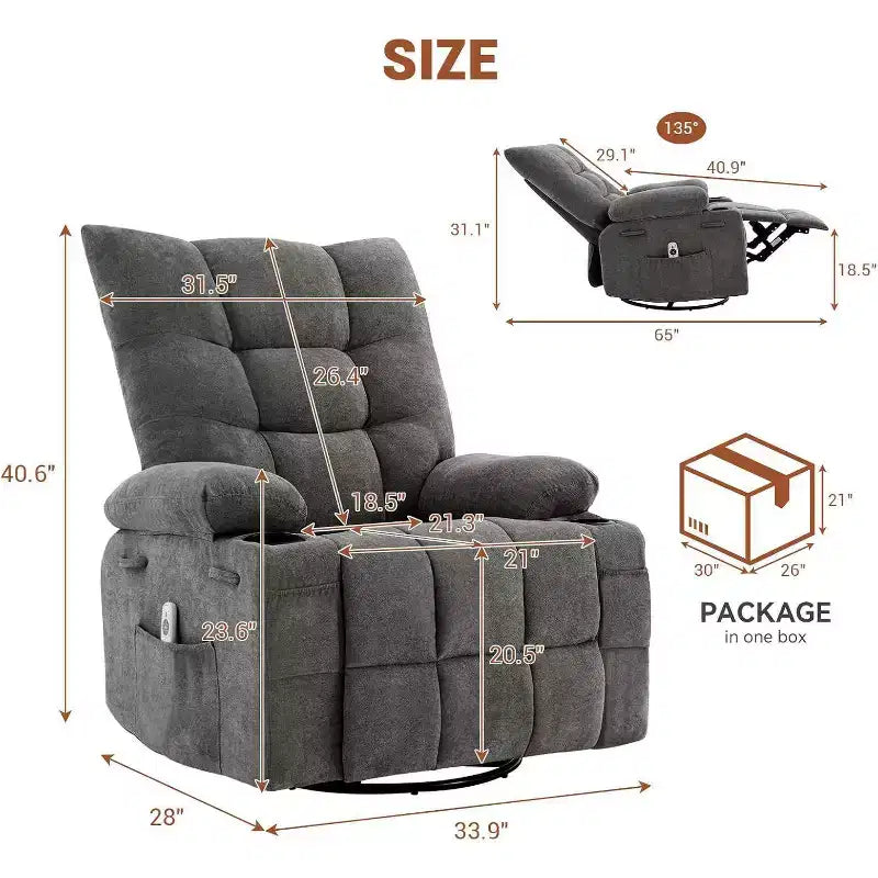 Fauteuil inclinable pivotant manuel Acekool avec massage et chauffage, fonction bascule, cuir PU épais et rembourré, coussin surdimensionné pour le soulagement du dos, pour salon