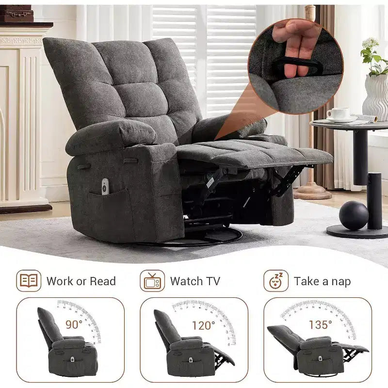 Fauteuil inclinable pivotant manuel Acekool avec massage et chauffage, fonction bascule, cuir PU épais et rembourré, coussin surdimensionné pour le soulagement du dos, pour salon