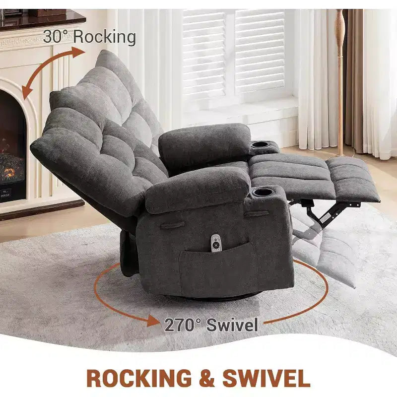 Fauteuil inclinable pivotant manuel Acekool avec massage et chauffage, fonction bascule, cuir PU épais et rembourré, coussin surdimensionné pour le soulagement du dos, pour salon