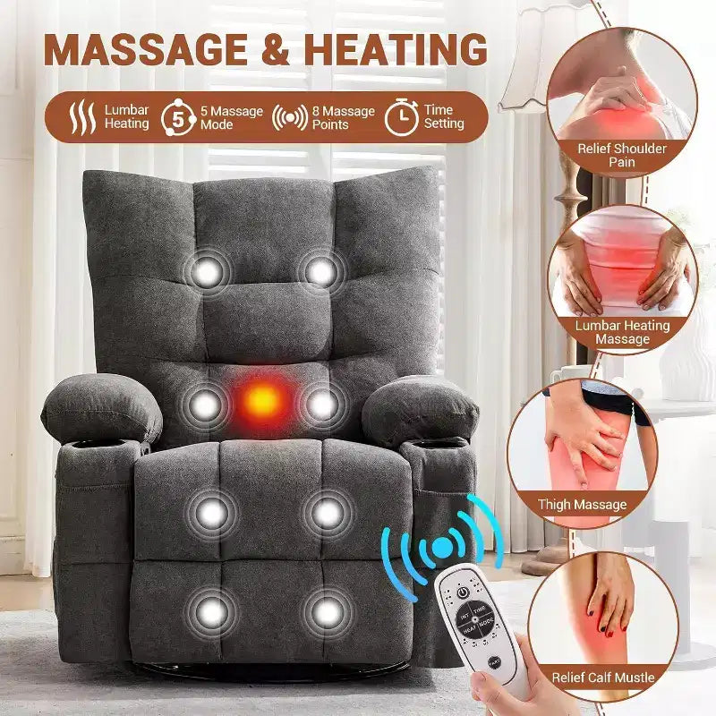 Fauteuil inclinable pivotant manuel Acekool avec massage et chauffage, fonction bascule, cuir PU épais et rembourré, coussin surdimensionné pour le soulagement du dos, pour salon