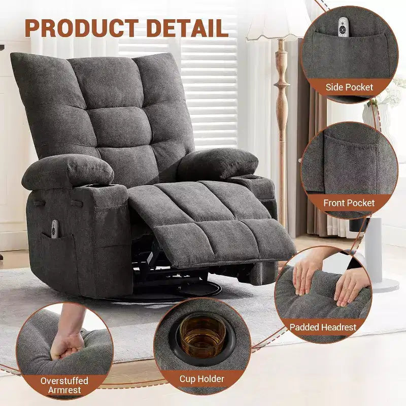 Fauteuil inclinable pivotant manuel Acekool avec massage et chauffage, fonction bascule, cuir PU épais et rembourré, coussin surdimensionné pour le soulagement du dos, pour salon