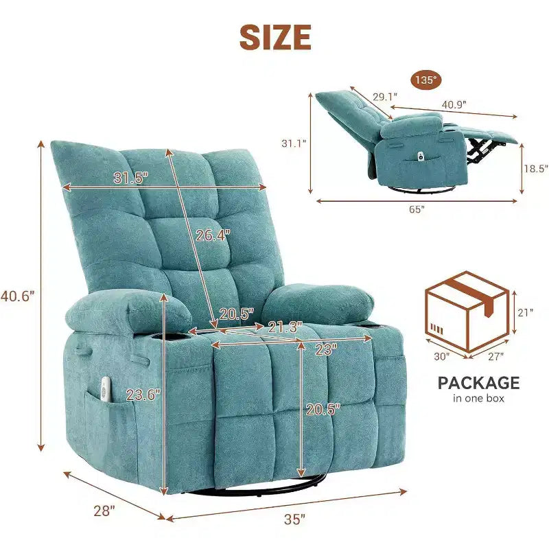 Fauteuil inclinable pivotant manuel Acekool avec massage et chauffage, fonction bascule, cuir PU épais et rembourré, coussin surdimensionné pour le soulagement du dos, pour salon