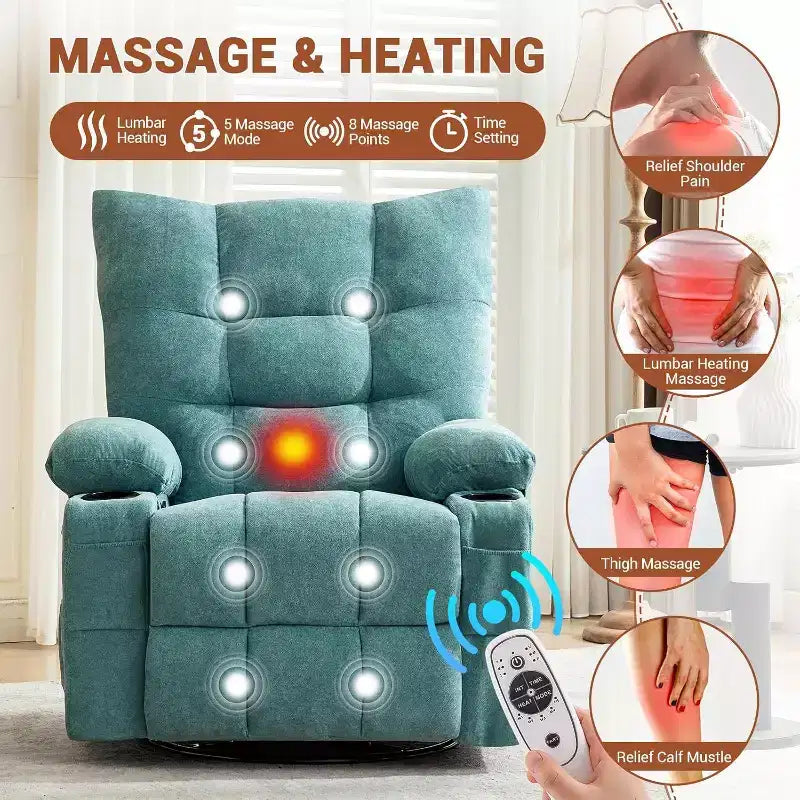 Fauteuil inclinable pivotant manuel Acekool avec massage et chauffage, fonction bascule, cuir PU épais et rembourré, coussin surdimensionné pour le soulagement du dos, pour salon