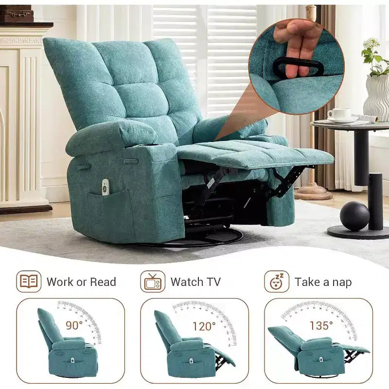 Fauteuil inclinable pivotant manuel Acekool avec massage et chauffage, fonction bascule, cuir PU épais et rembourré, coussin surdimensionné pour le soulagement du dos, pour salon