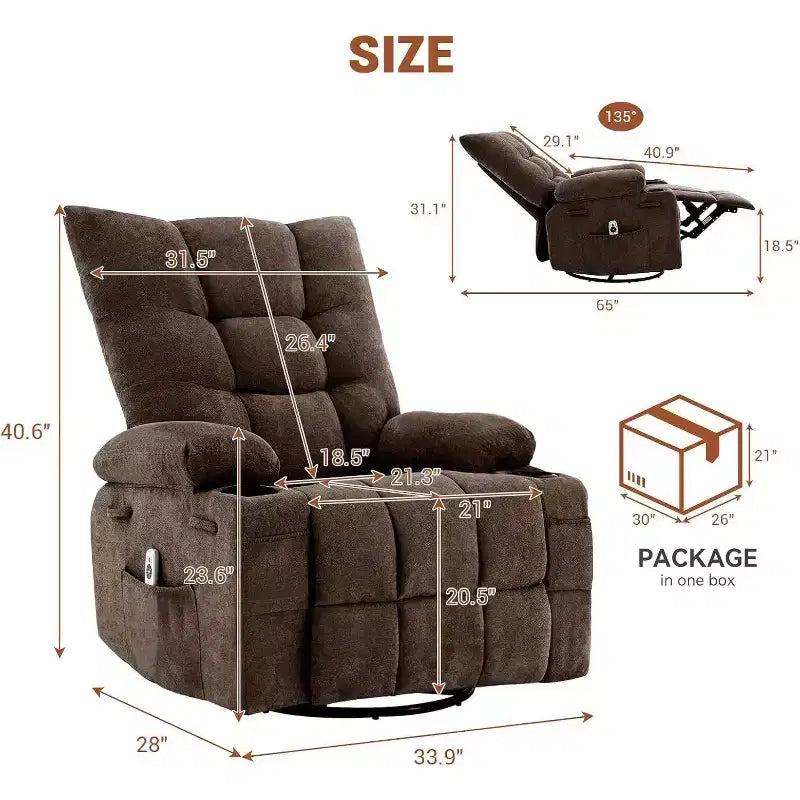 Fauteuil inclinable pivotant manuel Acekool avec massage et chauffage, fonction bascule, cuir PU épais et rembourré, coussin surdimensionné pour le soulagement du dos, pour salon