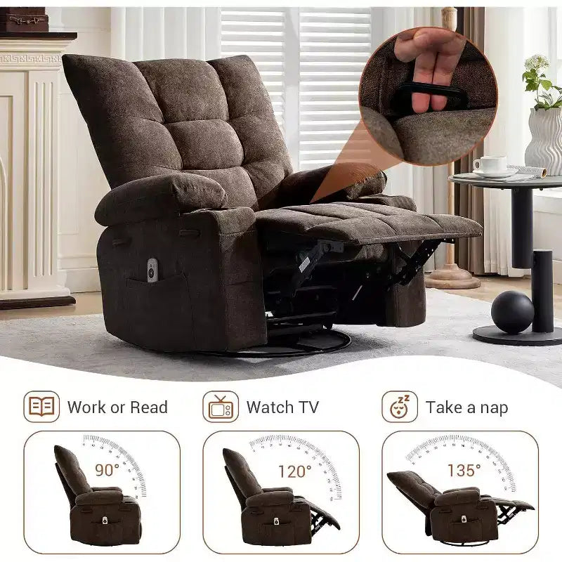Fauteuil inclinable pivotant manuel Acekool avec massage et chauffage, fonction bascule, cuir PU épais et rembourré, coussin surdimensionné pour le soulagement du dos, pour salon