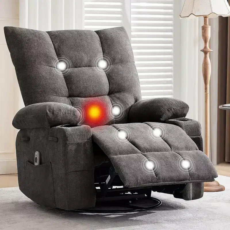 Fauteuil inclinable pivotant manuel Acekool avec massage et chauffage, fonction bascule, cuir PU épais et rembourré, coussin surdimensionné pour le soulagement du dos, pour salon