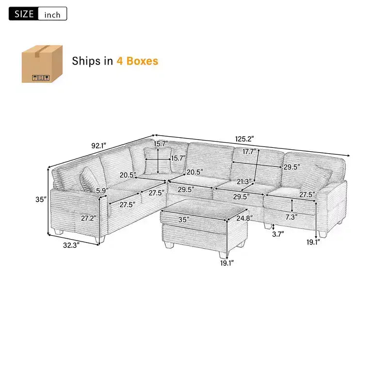 Canapé d'angle en velours côtelé Whisen avec pouf mobile et poches de rangement latérales