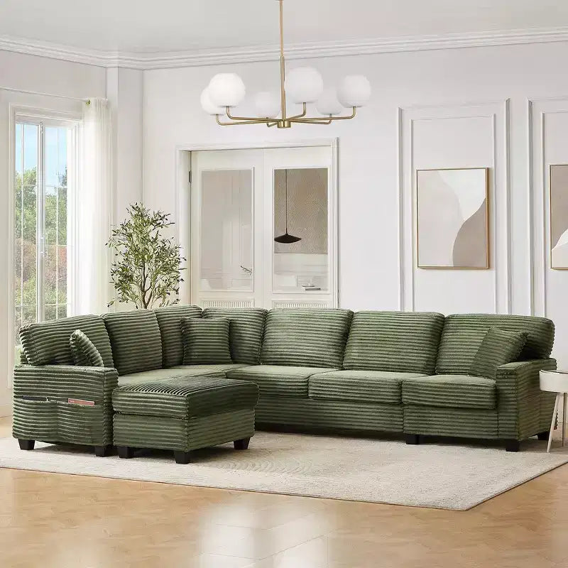 Canapé d'angle en velours côtelé Whisen avec pouf mobile et poches de rangement latérales