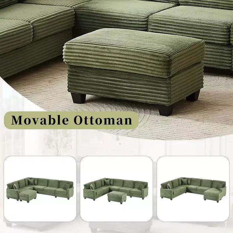 Canapé d'angle en velours côtelé Whisen avec pouf mobile et poches de rangement latérales