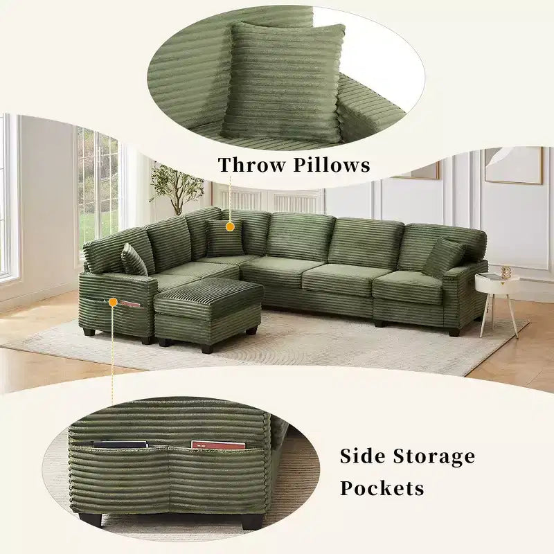 Canapé d'angle en velours côtelé Whisen avec pouf mobile et poches de rangement latérales