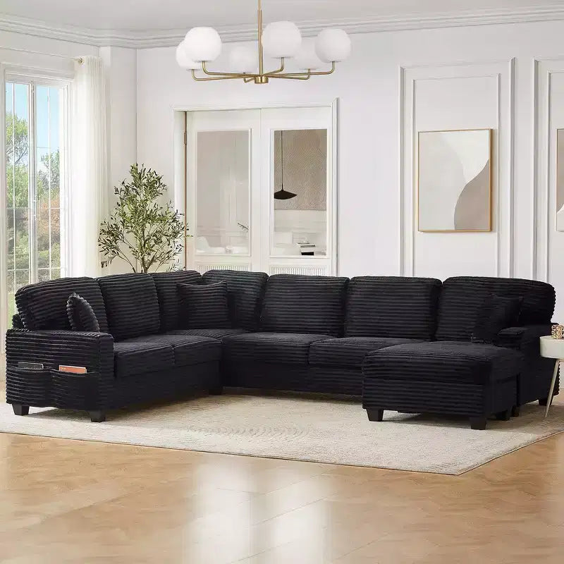 Canapé d'angle en velours côtelé Whisen avec pouf mobile et poches de rangement latérales