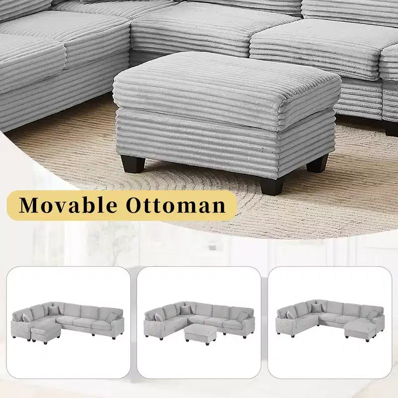 Canapé d'angle en velours côtelé Whisen avec pouf mobile et poches de rangement latérales