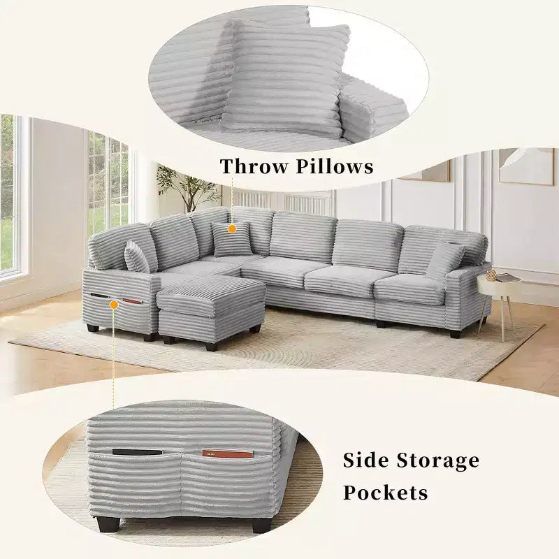 Canapé d'angle en velours côtelé Whisen avec pouf mobile et poches de rangement latérales