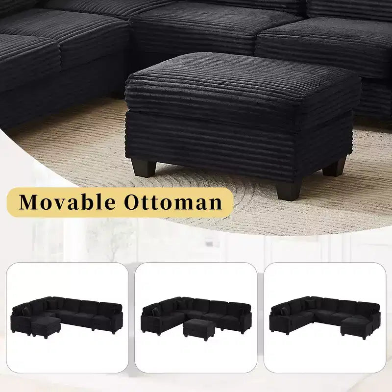 Canapé d'angle en velours côtelé Whisen avec pouf mobile et poches de rangement latérales