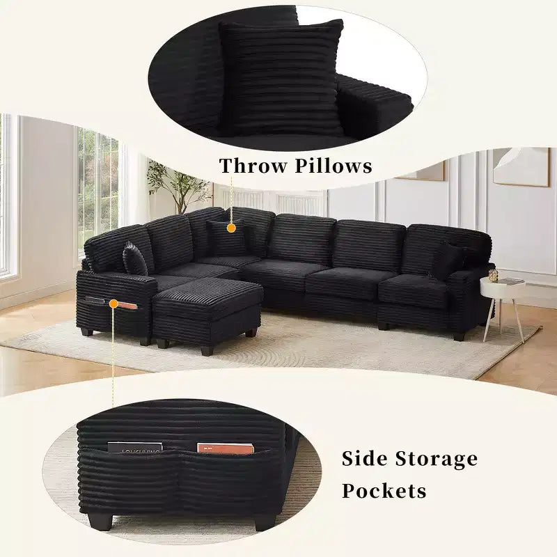 Canapé d'angle en velours côtelé Whisen avec pouf mobile et poches de rangement latérales