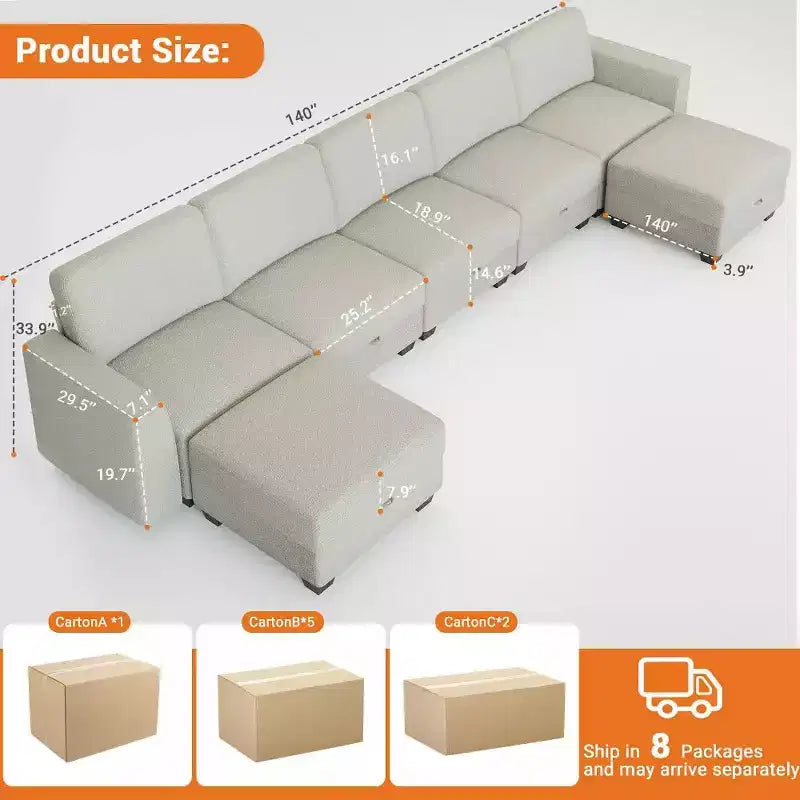 Canapé sectionnel modulaire GustoWave 140 avec ottomans de rangement, canapé-lit convertible en forme de U, canapé d'angle moderne en velours côtelé à 7 places