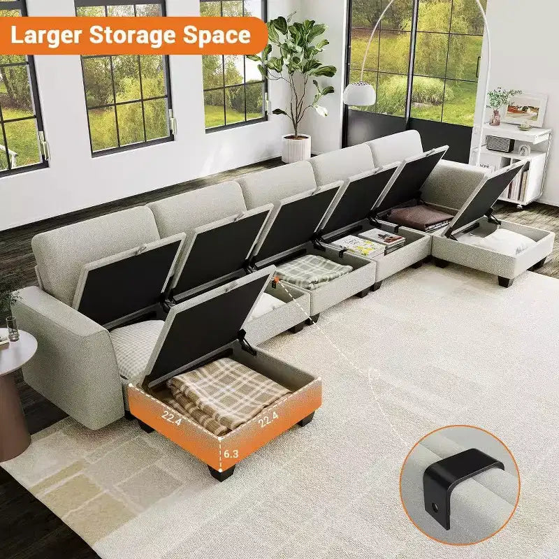 Canapé sectionnel modulaire GustoWave 140 avec ottomans de rangement, canapé-lit convertible en forme de U, canapé d'angle moderne en velours côtelé à 7 places
