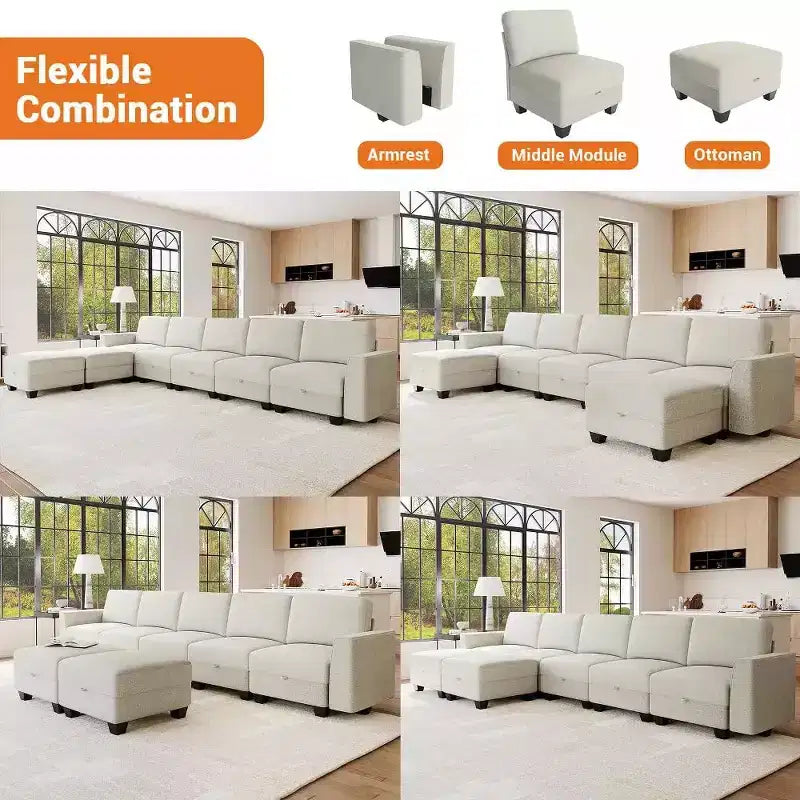 Canapé sectionnel modulaire GustoWave 140 avec ottomans de rangement, canapé-lit convertible en forme de U, canapé d'angle moderne en velours côtelé à 7 places