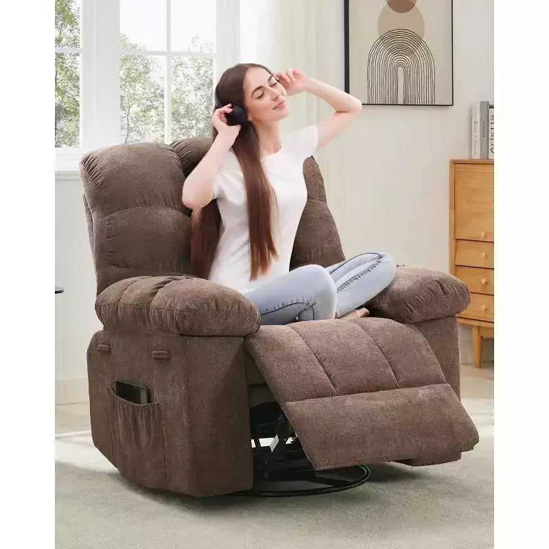 Fauteuil inclinable pivotant à 360° pour salon, fauteuil de nurserie planeur en tissu rembourré avec poches latérales pour petits espaces (marron)