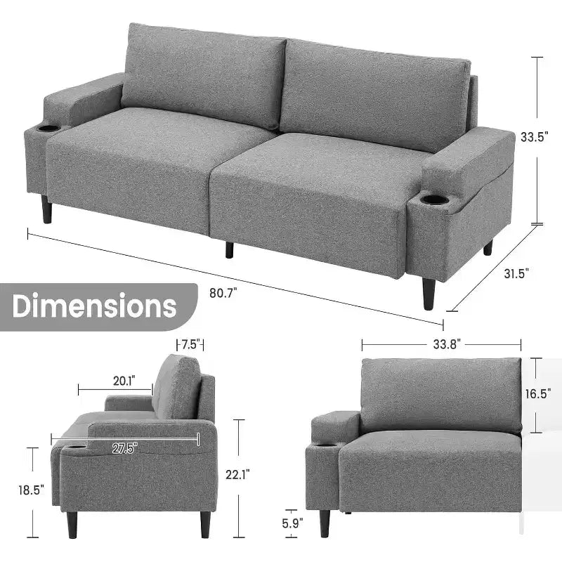 Canapé inclinable moderne en tissu de 205 cm pour salon, avec accoudoirs et coussins