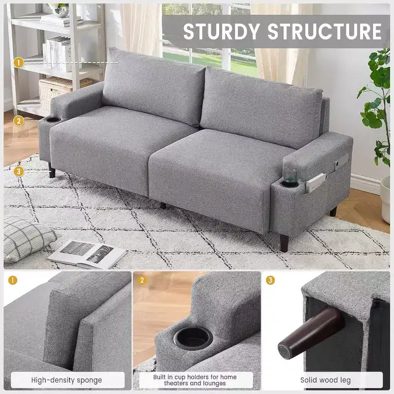 Canapé inclinable moderne en tissu de 205 cm pour salon, avec accoudoirs et coussins