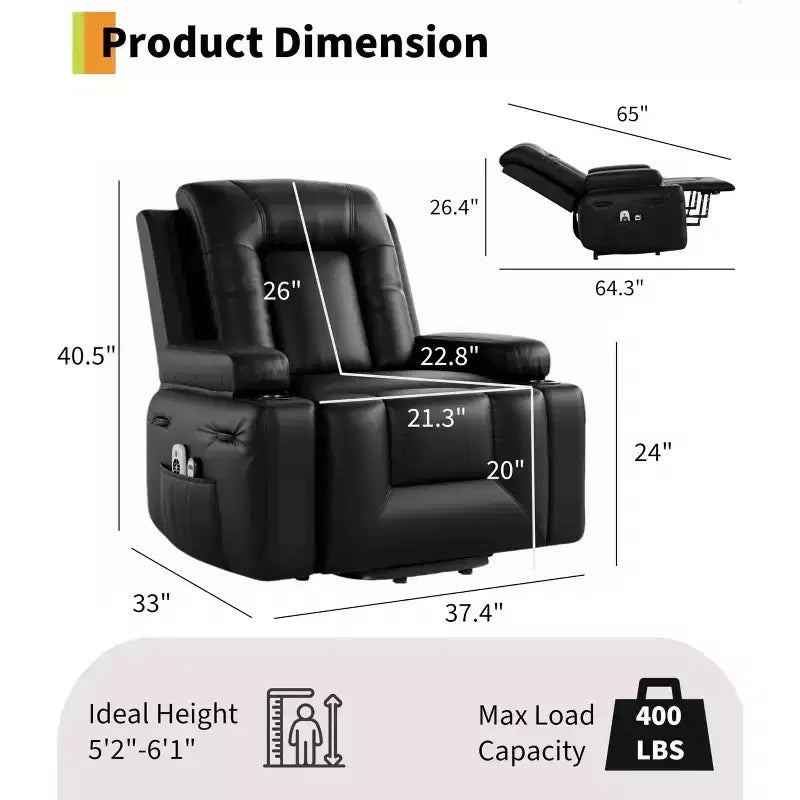 Fauteuil inclinable électrique surdimensionné avec chaleur et massage, fauteuil inclinable électrique en similicuir PU pour personnes âgées, canapé individuel avec porte-gobelet