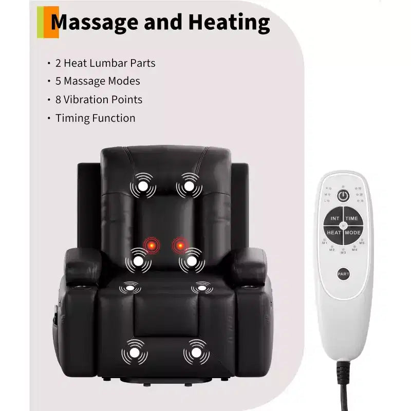 Fauteuil inclinable électrique surdimensionné avec chaleur et massage, fauteuil inclinable électrique en similicuir PU pour personnes âgées, canapé individuel avec porte-gobelet
