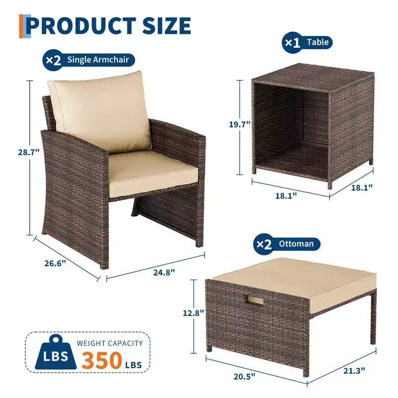 Ensemble de conversation de patio à dossier haut 5 pièces avec 2 poufs et table, chaises longues en rotin PE tout temps avec coussins moelleux, pour balcon, jardin et bord de piscine