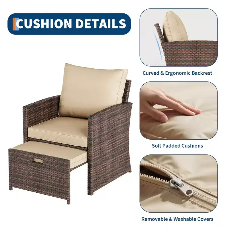 Ensemble de conversation de patio à dossier haut 5 pièces avec 2 poufs et table, chaises longues en rotin PE tout temps avec coussins moelleux, pour balcon, jardin et bord de piscine