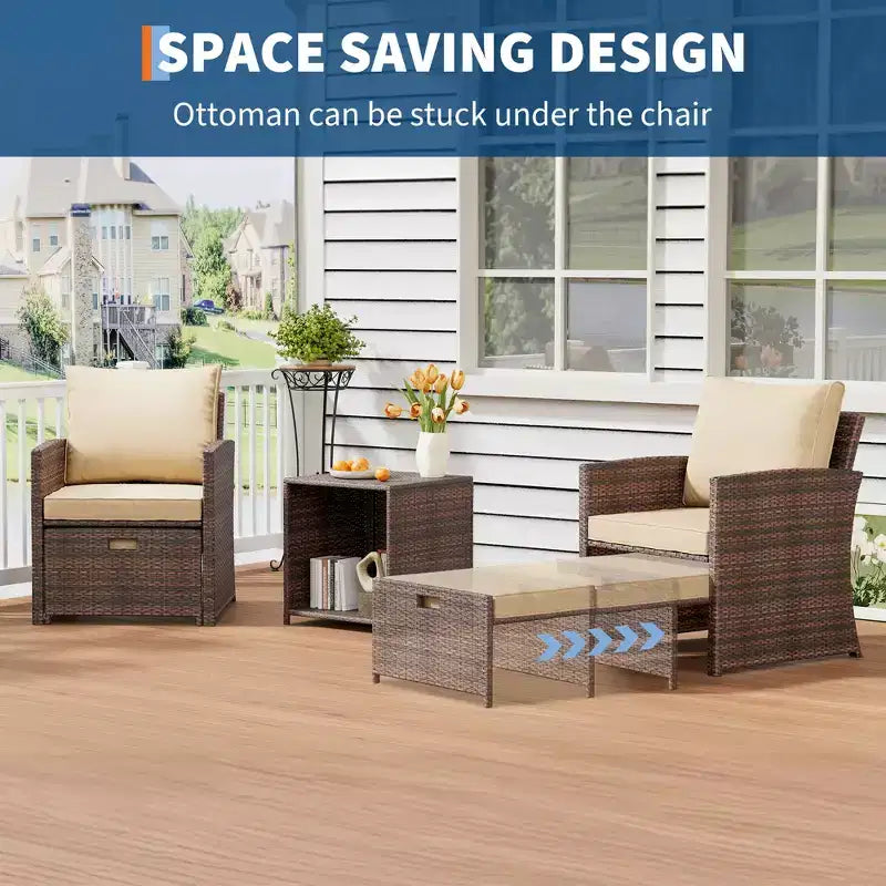 Ensemble de conversation de patio à dossier haut 5 pièces avec 2 poufs et table, chaises longues en rotin PE tout temps avec coussins moelleux, pour balcon, jardin et bord de piscine