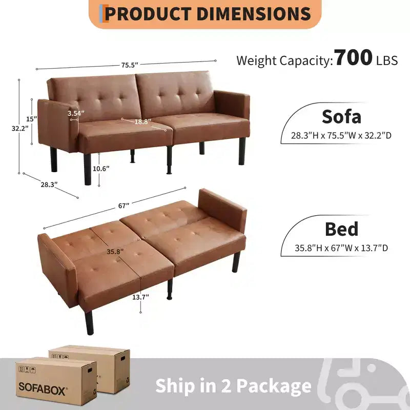 Canapé futon moderne convertible de 75 pouces, canapé futon en bois massif rembourré, causeuse réglable en tissu pour salon