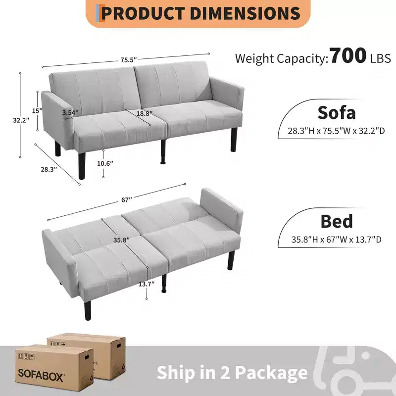 Canapé futon moderne convertible de 75 pouces, canapé futon en bois massif rembourré, causeuse réglable en tissu pour salon