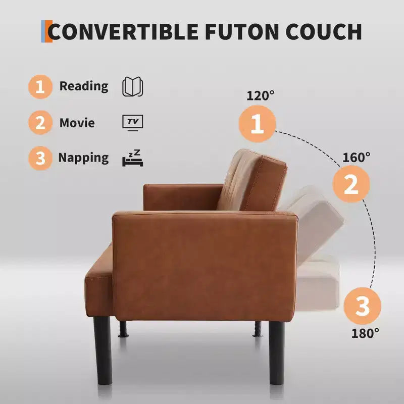 Canapé futon moderne convertible de 75 pouces, canapé futon en bois massif rembourré, causeuse réglable en tissu pour salon