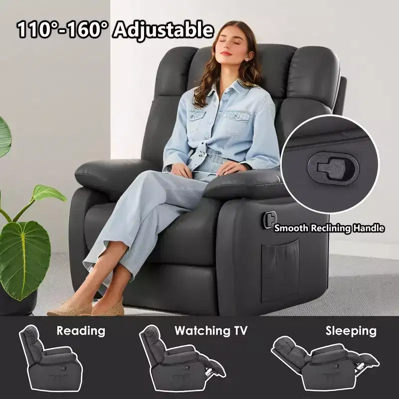 Fauteuil inclinable ergonomique MAYEERTY 110-160x, dossier réglable, repose-pieds, poche latérale, pour salon, noir