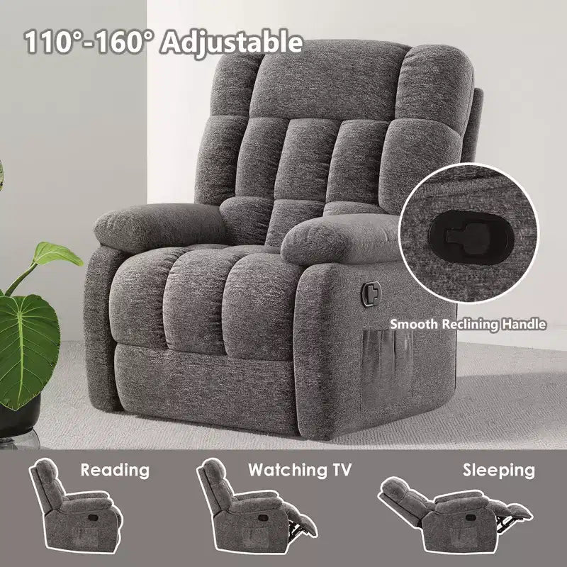 Fauteuil inclinable ergonomique MAYEERTY 110-160° réglable, repose-pieds, poche latérale pour salon, gris