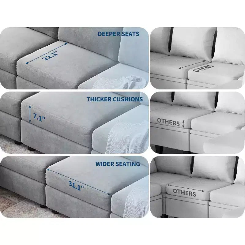 Canapé d'angle modulable GustoWave, grand canapé 9 places avec 2 poufs de rangement, canapé-lit moderne confortable en chenille à assise profonde