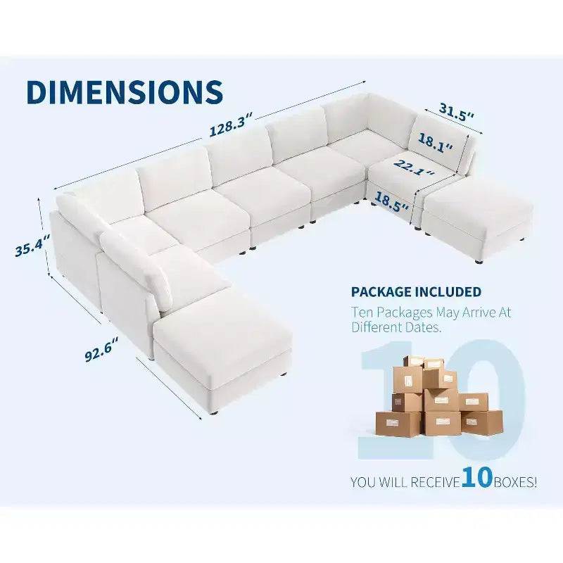 Canapé d'angle modulable GustoWave, grand canapé 9 places avec 2 poufs de rangement, canapé-lit moderne confortable en chenille à assise profonde