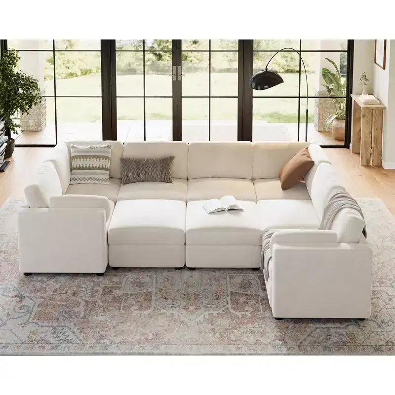 Canapé d'angle modulable GustoWave, grand canapé 9 places avec 2 poufs de rangement, canapé-lit moderne confortable en chenille à assise profonde