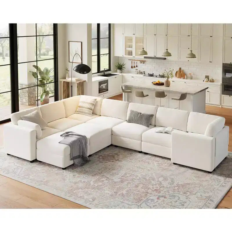 Canapé d'angle modulable GustoWave, grand canapé 9 places avec 2 poufs de rangement, canapé-lit moderne confortable en chenille à assise profonde