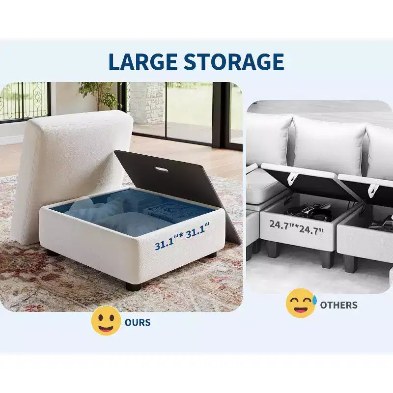 Canapé d'angle modulable GustoWave, grand canapé 9 places avec 2 poufs de rangement, canapé-lit moderne confortable en chenille à assise profonde