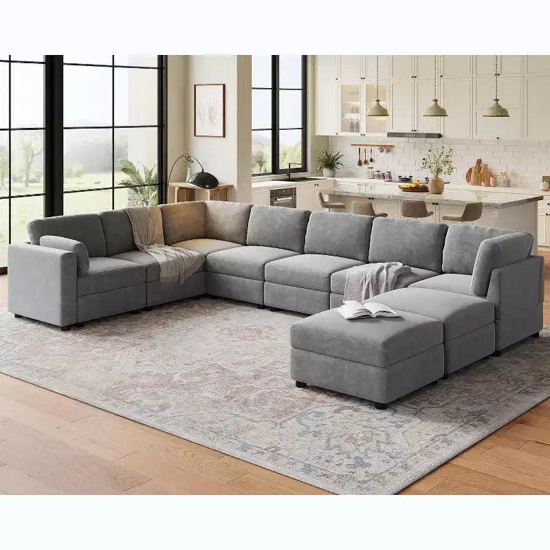 Canapé d'angle modulable GustoWave, grand canapé 9 places avec 2 poufs de rangement, canapé-lit moderne confortable en chenille à assise profonde