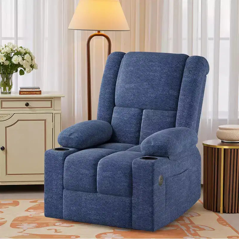 Fauteuil inclinable électrique MAYEERTY Blue Power Lift avec massage, chauffage, ports USB et porte-gobelets pour le confort des seniors